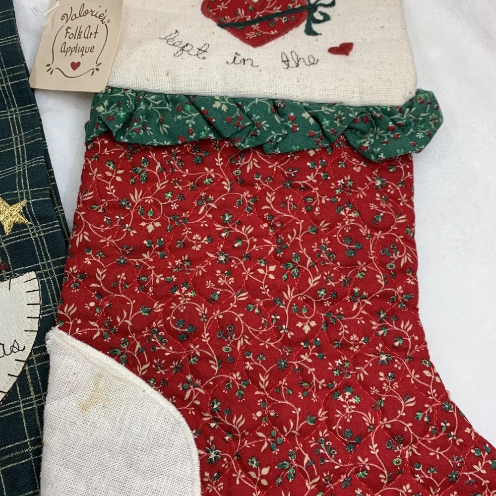 Vtg Valorie's Folk Art Appliqué Red Green Christmas Stockings & Angel Hand Towel
